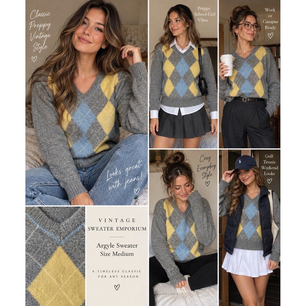 Vintage Sweater Emporium Argyle Wool Blend Sweater M Gray Yellow Blue Preppy